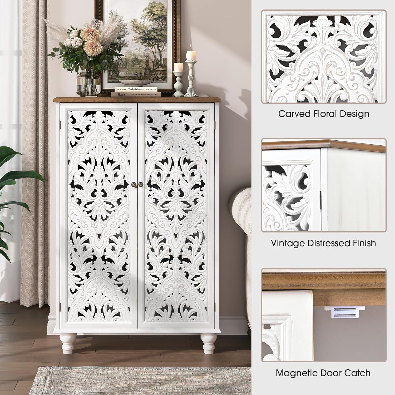 JOINICE 47' Tall Accent Cabinet with Carved Doors, Distressed White Wood Storage Cabinet with 3-Tier Shelves, Boho Farmhouse Sideboard Buffet for Small Spaces, Entryway & Living Room