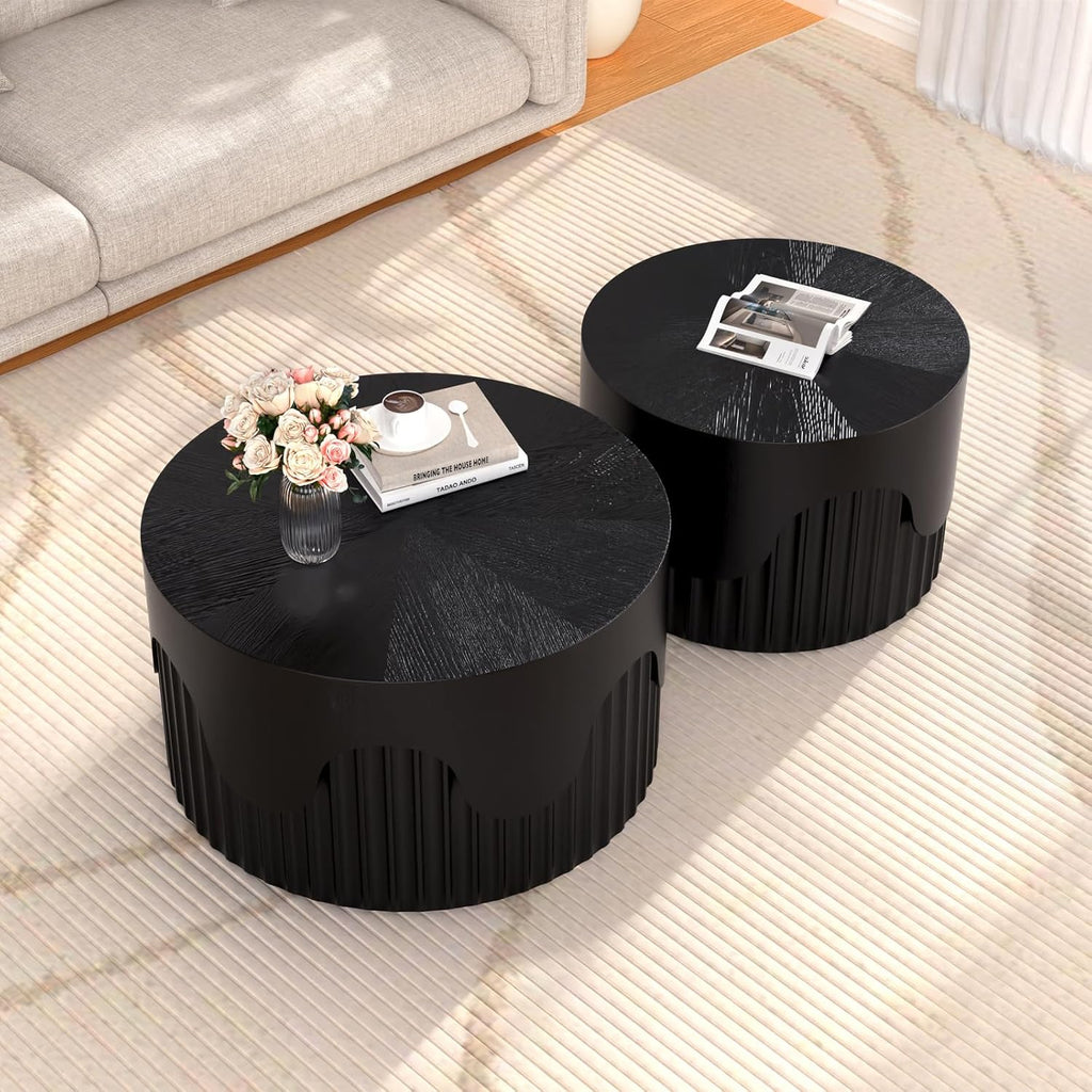 Fluted Round Nesting Coffee Table Set of 2, Modern Unique Circle Coffee Table, Drum Side Tea Table, Space-Saving for Living Room, Bedroom, Balcony, Office, No Assembly (26.77'+19.69' Black A)