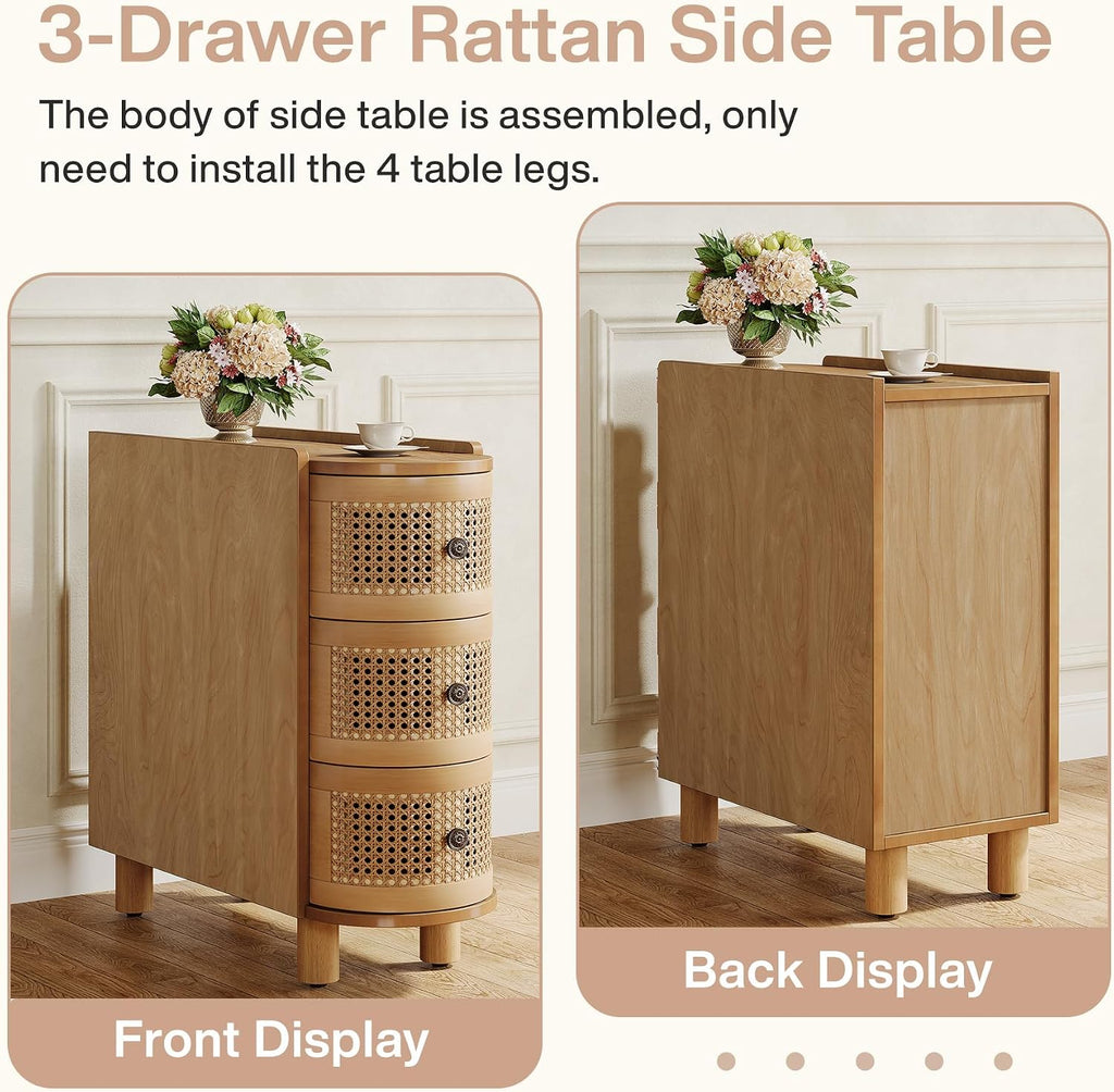 Tribesigns Solid Wood End Table, 3-Drawer Rattan Side Table, Night Stand with 3 Rattan Drawers and Exquisite Embossed Handles for Living Room, No Assembly Required (2, Oak)