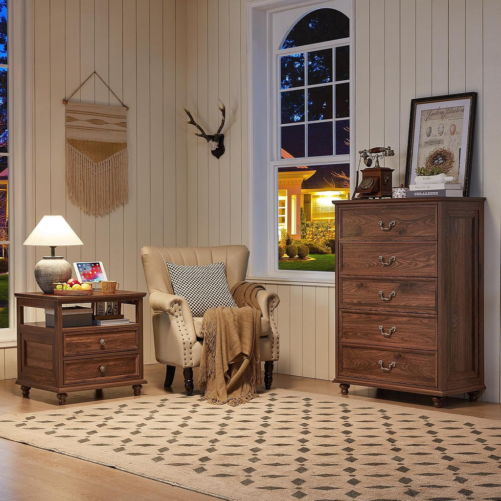 Joaxswe Farmhouse 5 Drawer Dresser Set of 2 for Bedroom, 45' Tall Rustic Chests of Drawers w/ 4 Solid Wood Feet, Mid Century Vintage Wooden Closet Storage Dressers Organizer for Living Room, Brown