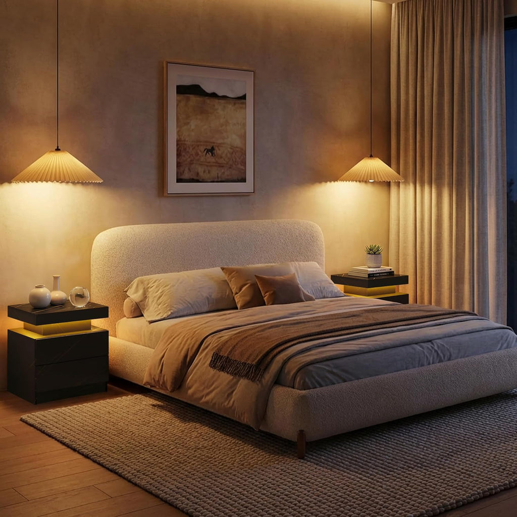 i-aplus LED Nightstand LED Bedside Table with 2 Drawers, Wooden Cabinet Unit with LED Lights for Bedroom, End Table Side Table for Bedroom Living Room…