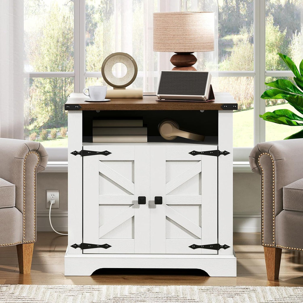 HOOBRO Farmhouse End Tables Set of 2 with Charging Station, 23.6' Large End Table for Living Room, Sofa Side Table with Barn Door, Wooden Square Nightstand Bedside Table, White and Walnut WH601UBZP201