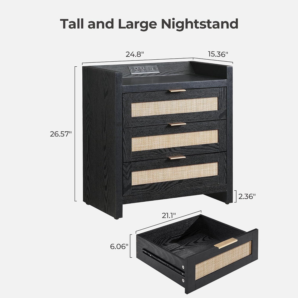 SICOTAS Nightstands Set of 2 Bedside Table - Larger Rattan Night Stand with Type-C Charging Station, 3 Drawers Storage - Boho Tall Night Stands End Table for Bedroom Office - Black Oak