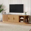 SOFTSEA 66.9' Fluted TV Stand for 75'+ TV, Farmhouse Media Console with Sliding Tambour Doors, Adjustable Shelf & Rounded Edges, Low-Profile Entertainment Center for Living Room, Natural