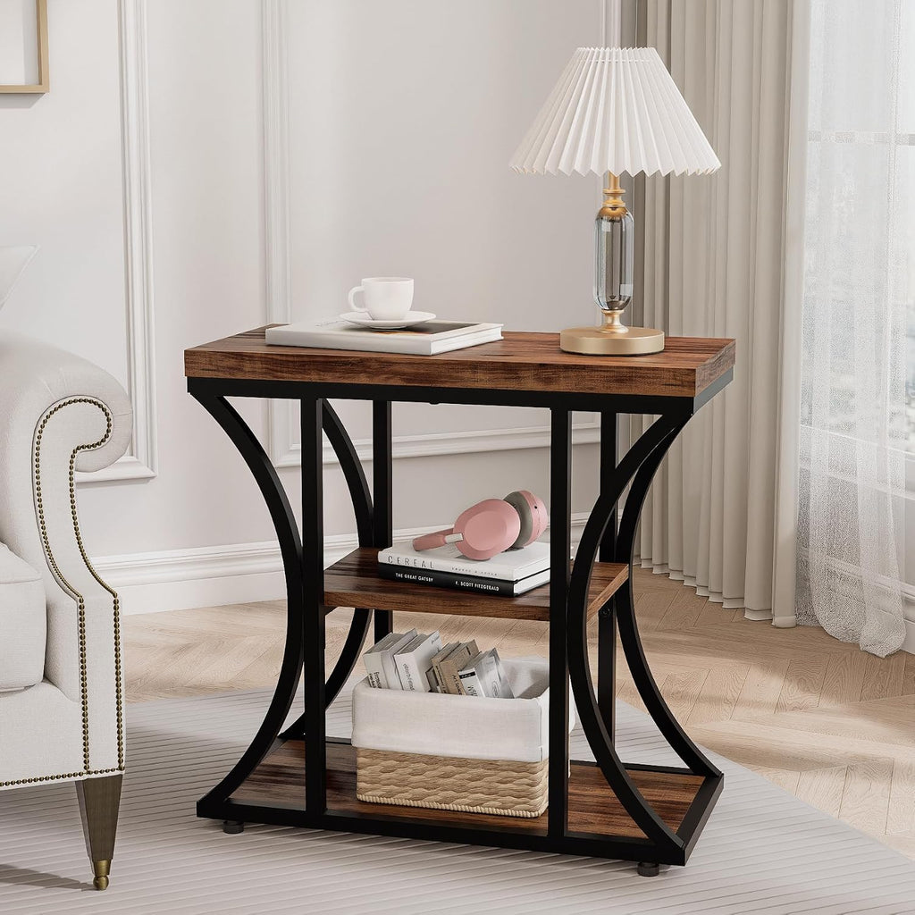 3-Tier End Table, Rustic Nightstand with Storage Shelves, Narrow Side Table for Living Room, Bedroom, Small Spaces – Wood and Metal Accent Table(Set of 2) (2, Rustic Brown)