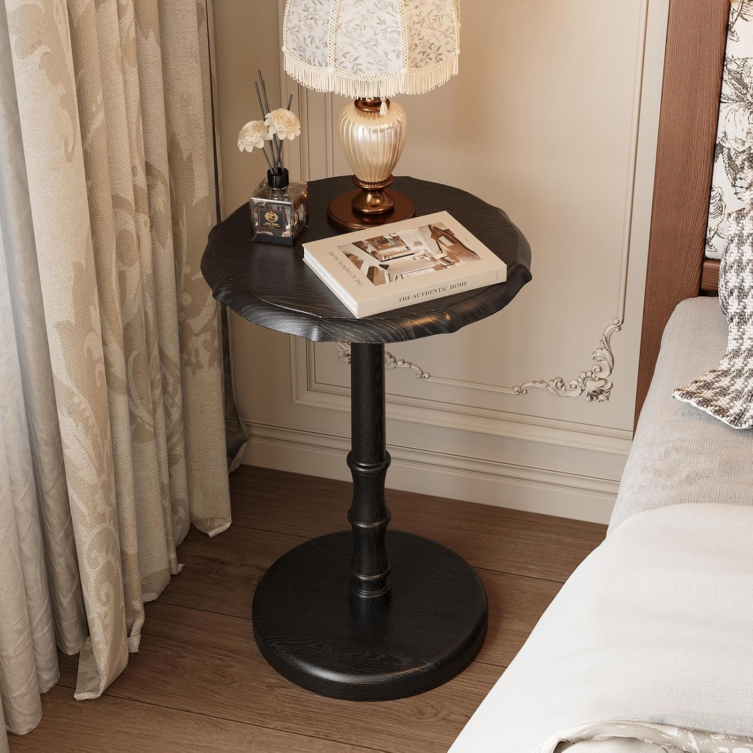 100% Solid Wood Round Pedestal Side Table, Vintage End Table for Living Room Bedroom, Heavy-Duty Antique Accent Table for Corner Spaces, Small Bedside Nightstand, 5-Min Assembly, Black