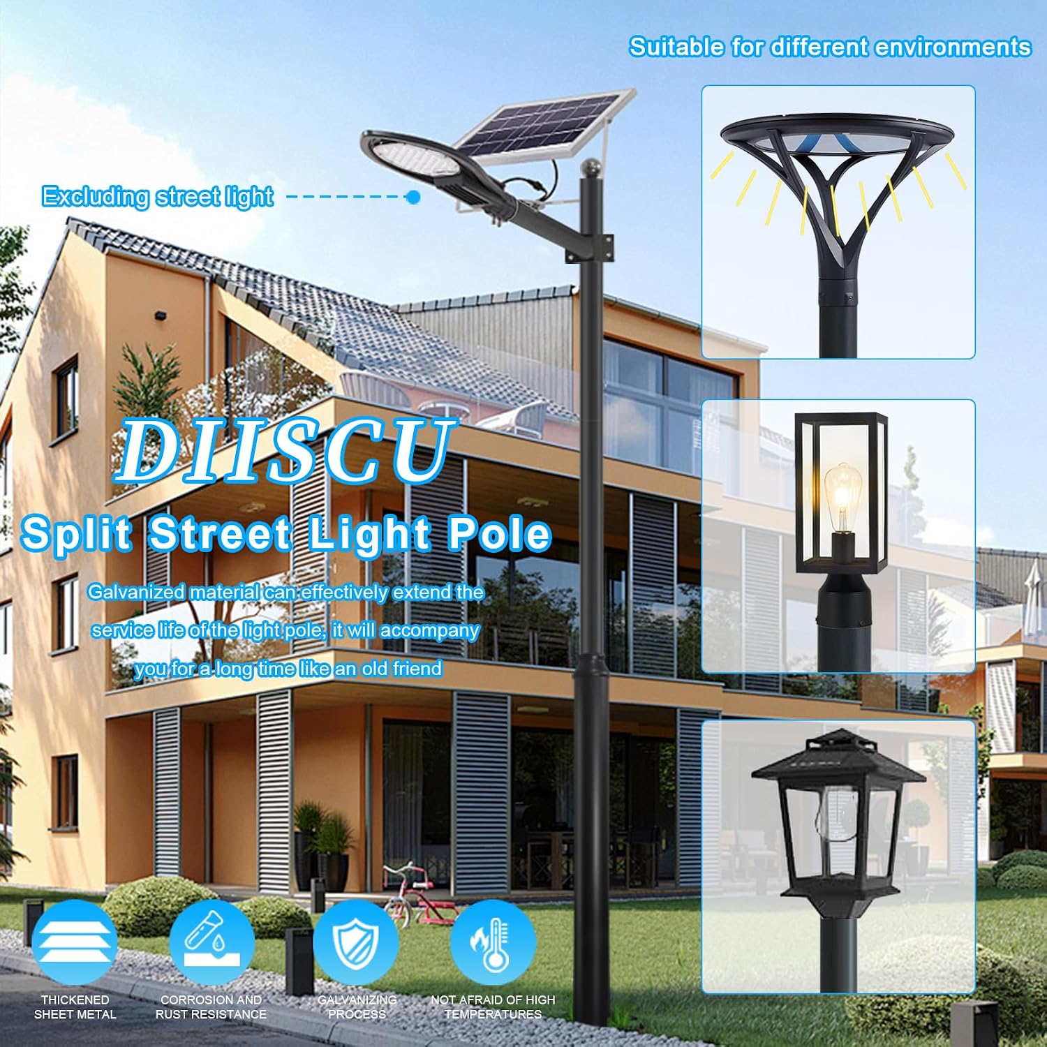 Street Light Pole 16ft Tall, Black Outdoor Galvanized Heavy-duty Metal Solar Street Lamp Post, Suitable for Outdoor Street and Courtyard Lighting Fixtures with Mounting Rebar Cage (16 FT 114+76mm)