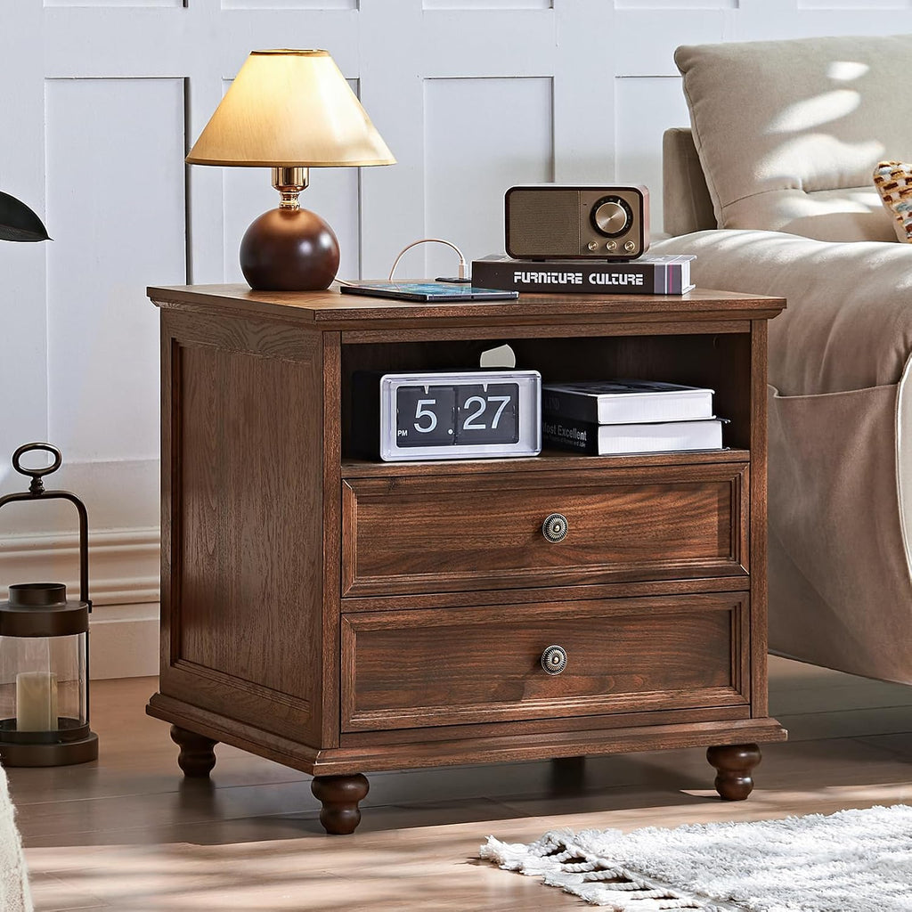 Joaxswe 24' Wide Farmhouse Nightstand Set of 2 with Charging Station,End Table with 2 Drawers,Brown Wood Dresser for Bedroom Cabinet, Bed Side Table Chest of Drawers, Night Stand for Living Room