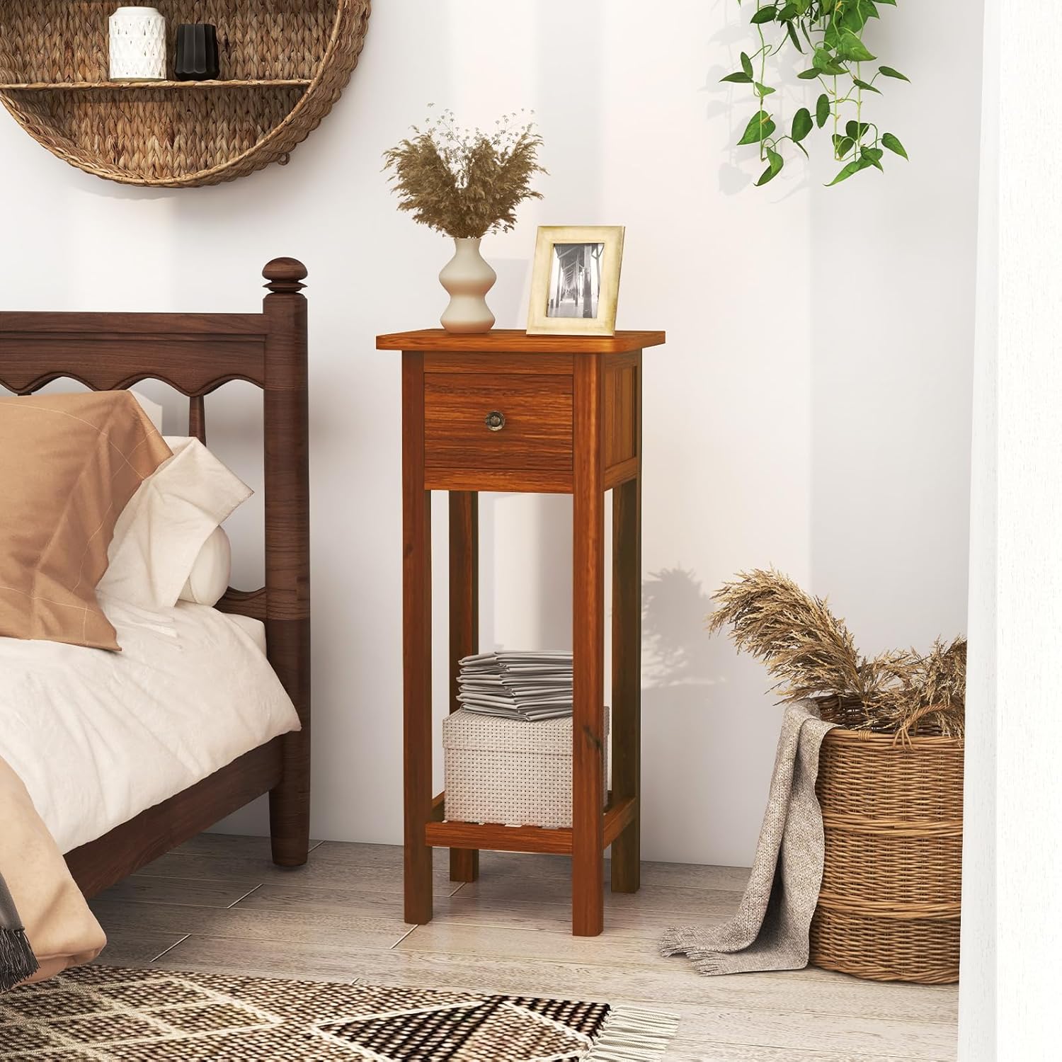 Giantex Tall End Table Set of 2, Narrow Side Table with Drawer and Shelf, Acacia Wood Nightstand for Living Room, 2-Tier Bedside Table for Small Space, No Assembly, Rustic Brown