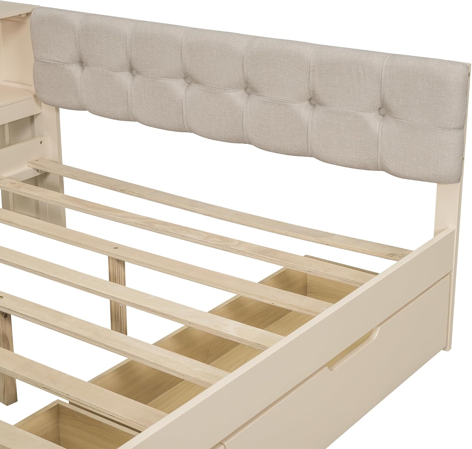 VilroCaz Modern Full Size Daybed with L-Shaped Bookcases and Desk, Solid Wood Daybed Sofa Bed Frame with 2 Drawers and Upholstered Headboard for Office Living Room Bedroom, Maximize Space (Full)