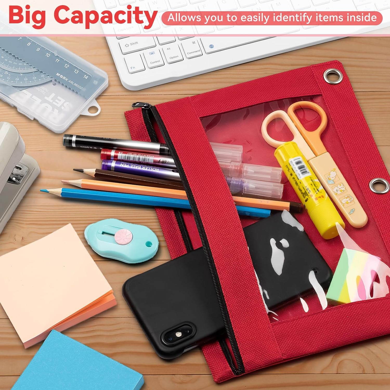 Pencil Pouch for 3 Ring Binder, Bulk 144 Pack 3-Holes Zipper Pencil Pouches in Assorted Colors, Sturdy and Durable Cloth Pencil Holder with Clear Window for Office School College Supplies