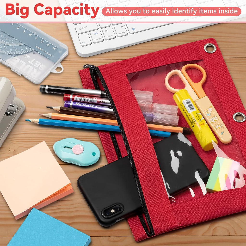 Pencil Pouch for 3 Ring Binder, Bulk 288 Pack 3-Holes Zipper Pencil Pouches in Assorted Colors, Sturdy and Durable Cloth Pencil Holder with Clear Window for Office School College Supplies