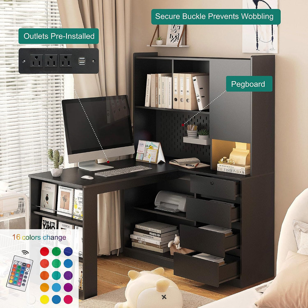 L Shaped Desk, Home Office Corner Desk with Hutch & Drawers and Bookshelf, Modern Study Table Writing Desk with LED Light, Gaming Computer Desk with Storage (Black-48)