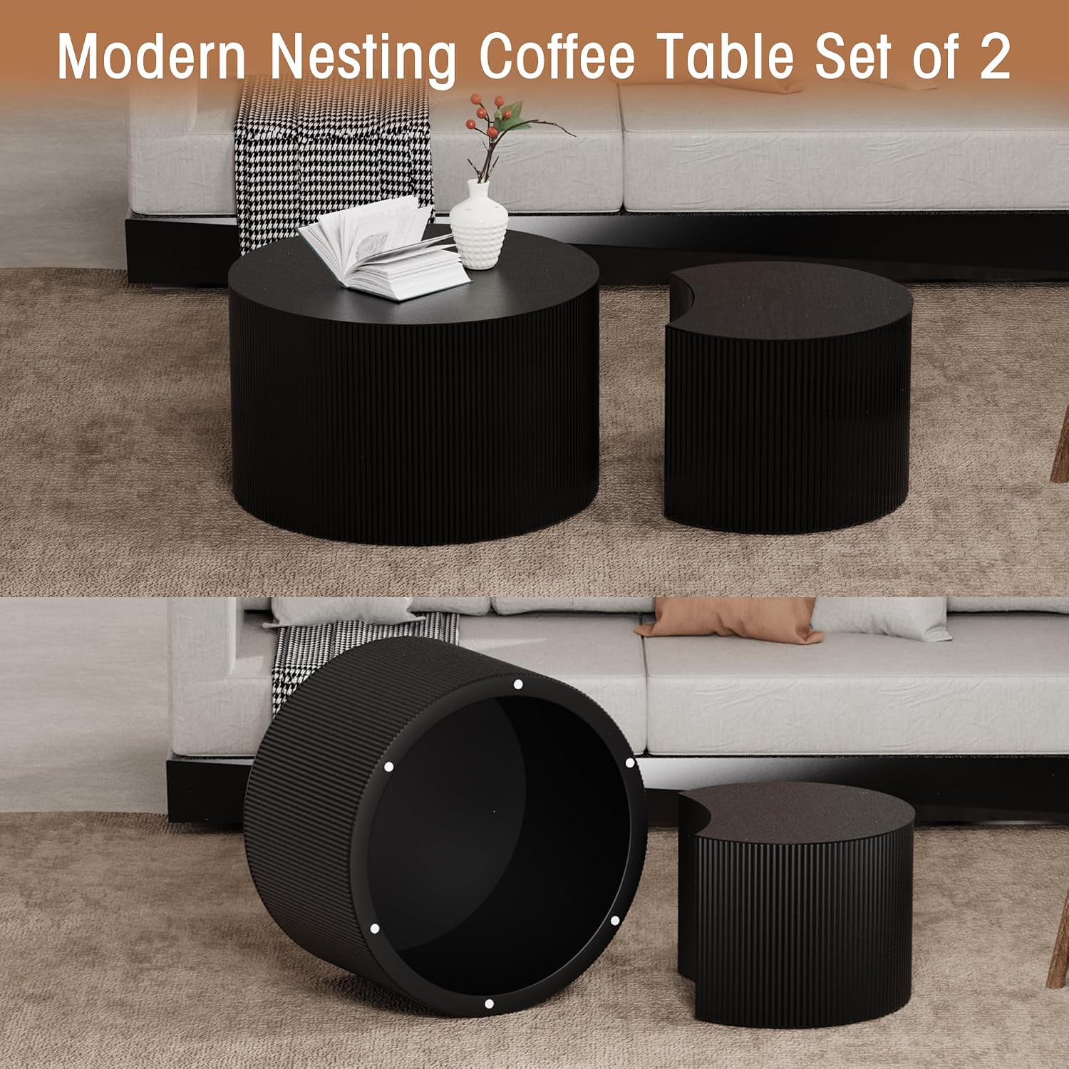 Round Nesting Coffee Table Wood Drum Nesting Tables Modern Stacking Coffee Table Set of 2 Fluted Center Table End Table for Living Room Home Office Small Spaces, No Assembling (Black Crescent)