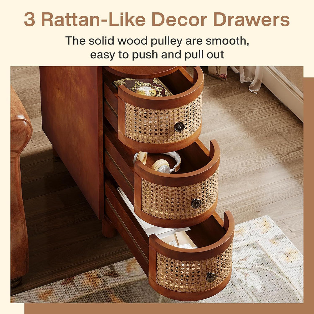 Tribesigns 3-Drawer Rattan End Table, Sofa Side Table with Vintage Embossed Handles, Slim Nightstand for Living Room, Bedroom, Finished Back, No Assembly (Walnut & Oak, 2PCS)