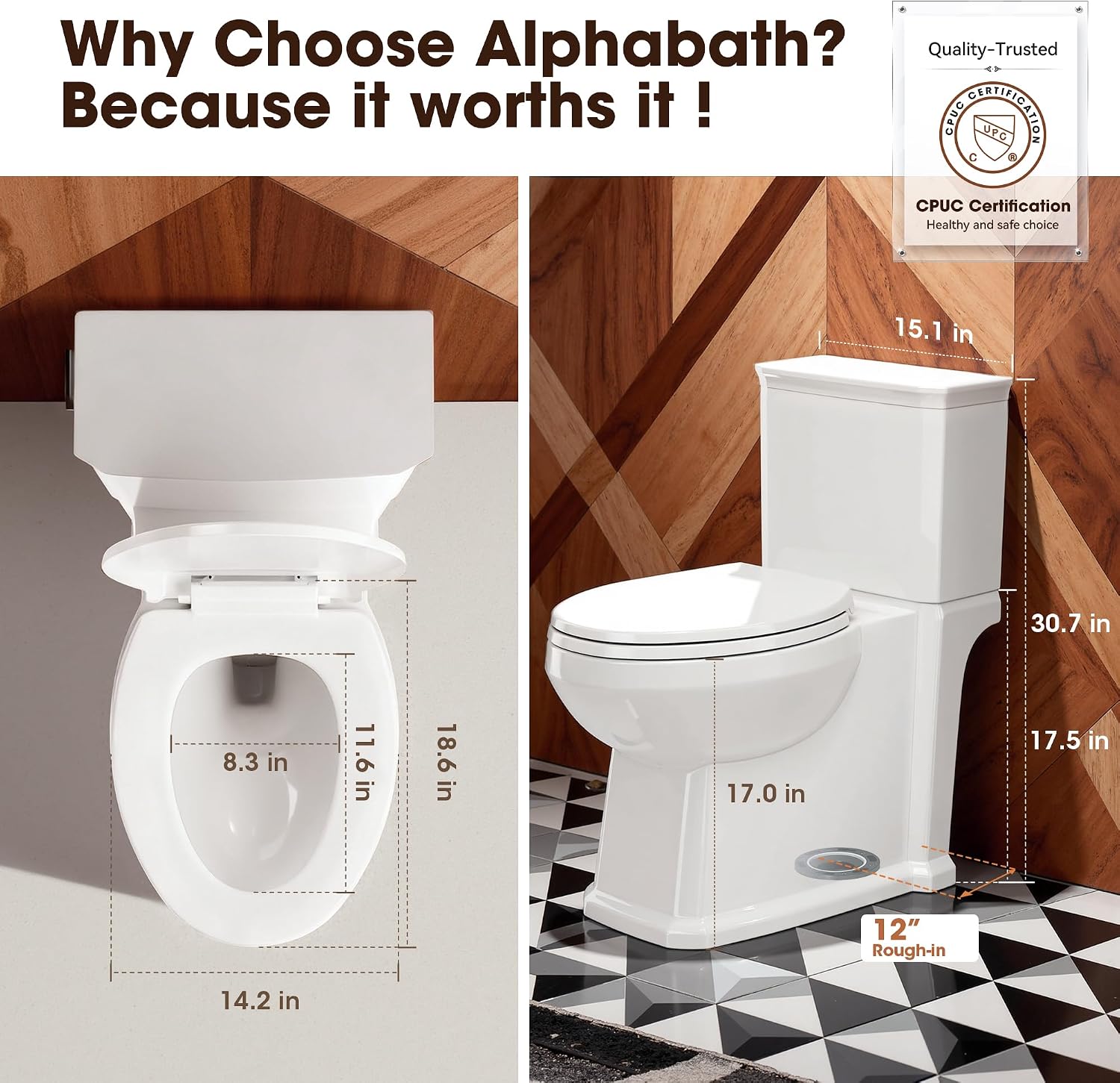 17' Comfort Height Toilet with Soft close seat, Skirted Toilets for Bathroom, Nano Self-Cleaning Glaze, 1.27 GPF Powerful Single Flush, Easy to Clean & Install, ADA Height, 12' Rough-In