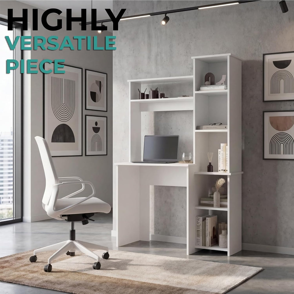 Tuhome Versalles Writing Desk with Two Superior Shelves, Five Side Open Storage Compartments, Space-Saving Modern Workstation Design for Studios and Offices, Ideal for Organization, Books