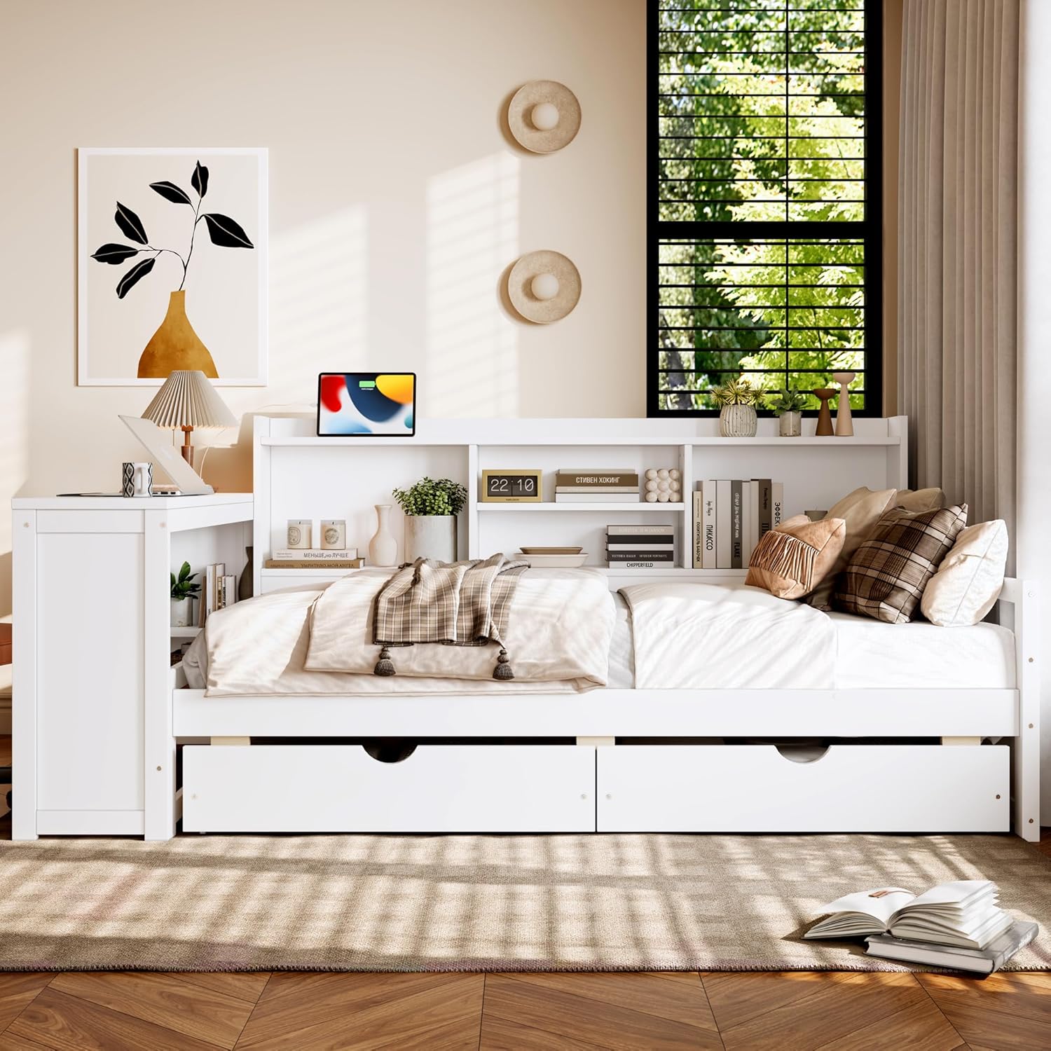 SOFTSEA Twin Corner Bed Frame with Storage Drawers, Desk & Bookcase, Wood Corner Daybed with Charging Station, L-Shaped Daybed for Kids Bedroom, No Box Spring Needed, White