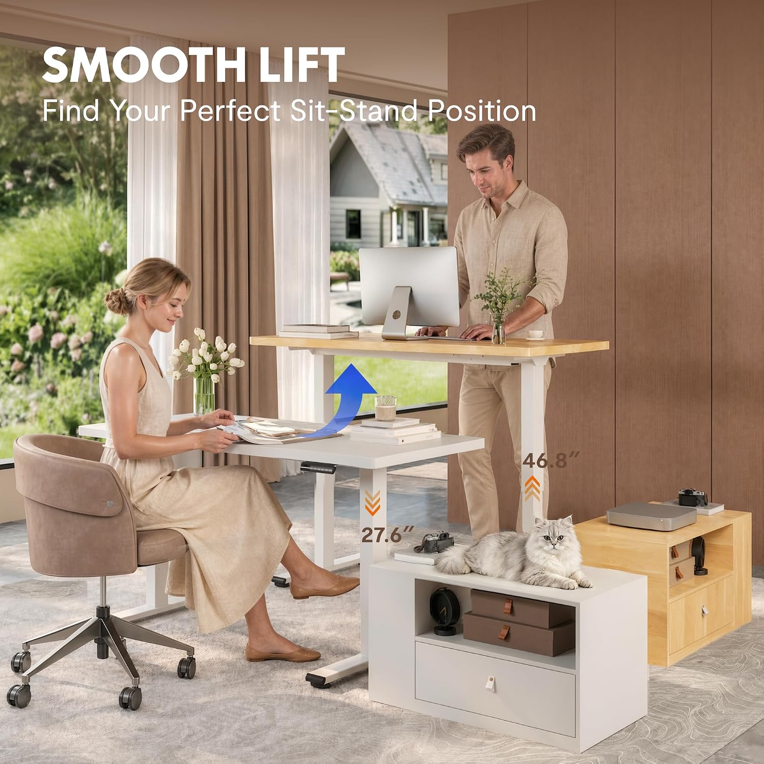 FLEXISPOT L Shaped Executive Standing Desk with Drawers, Large Electric Height Adjustable Desk, Sit Stand Desk for Home Office and Workstation, Mobile Cabinet (63'x32' White Wood Grain)