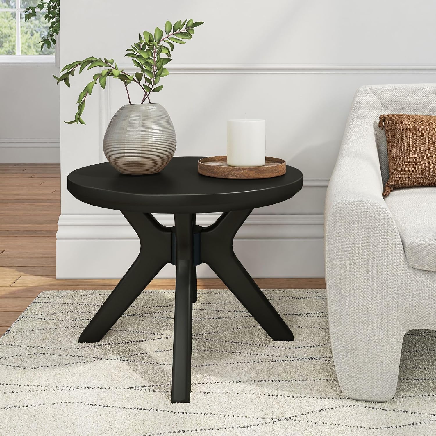 Plank+Beam Cross Leg Verso End Table, 24 Inch Wood End Tables for Living Room, Round Center Table, Cocktail Table for Small Spaces, Black