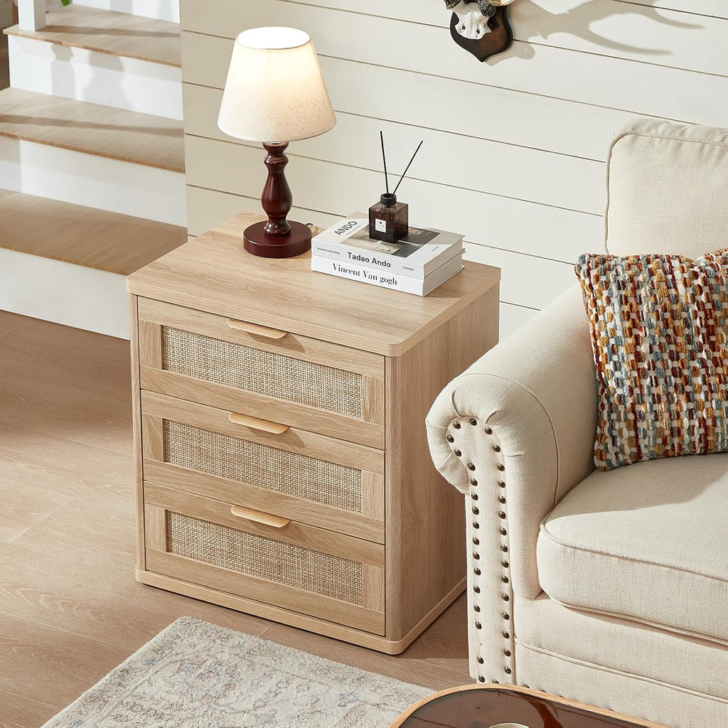 LEYAOYAO Rattan Night Stand with Drawers, 23' Large 3 Drawer Boho Nightstand, Natural Wood Bedside Table Storage Cabinet, Bed Side End Tables Dresser for Bedroom, Living Room, Hallway, Closet