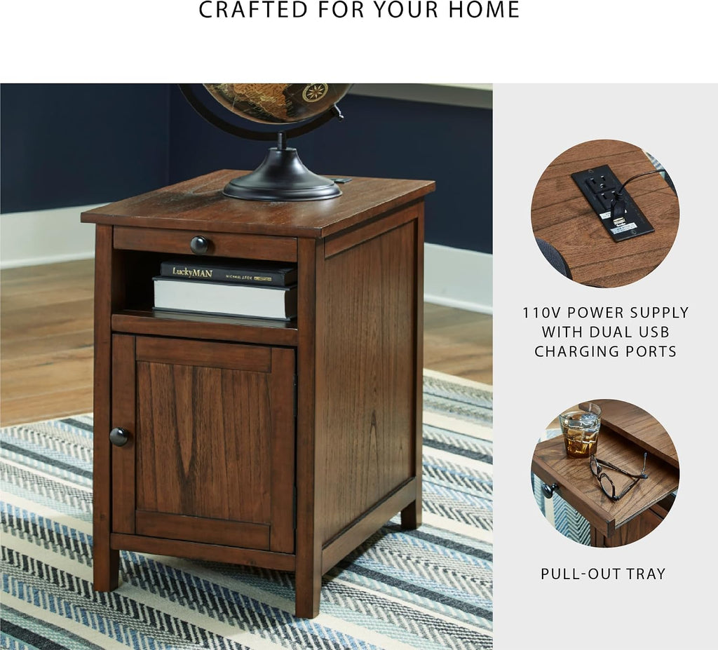 Signature Design by Ashley Treytown Casual Compact Chairside End Table with a Storage Cabinet, Open Cubby Shelf, Pull-Out Tray & USB Charging Ports, Brown