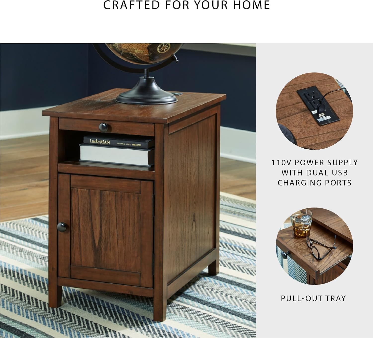 Signature Design by Ashley Treytown Casual Compact Chairside End Table with a Storage Cabinet, Open Cubby Shelf, Pull-Out Tray & USB Charging Ports, Brown