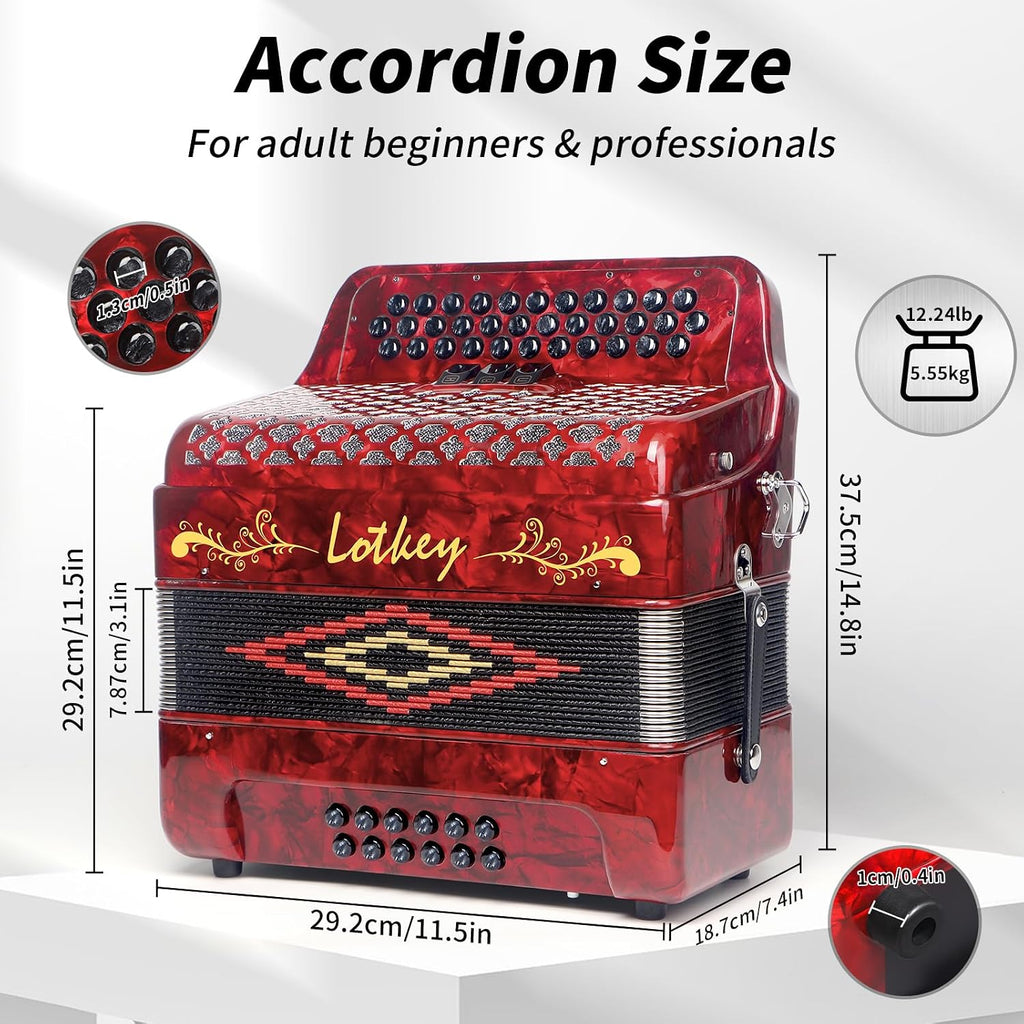 Lotkey 34 Key Diatonic Accordion, 3412 Multi Tone Celluloid Accordions Louder Clearer Timbre than Plastic for Adult, Beginner, Professional with Updated Bag, Straps, Acordeón Wrist Guard (GCF Red)