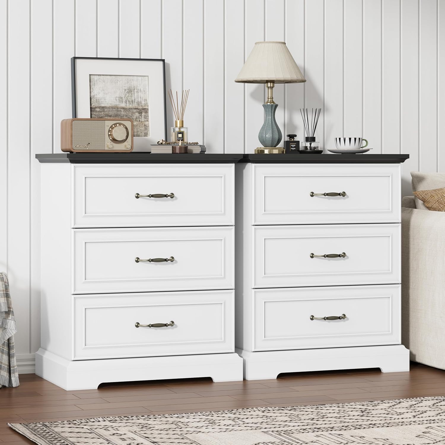 Nightstand Set of 2,24' Wide End Table with 3 Large Drawers & Metal Handles,Rustic Farmhouse Wood Small Dresser,Bedside Table,Modern Chest of Drawers for Bedroom,Living Room,White