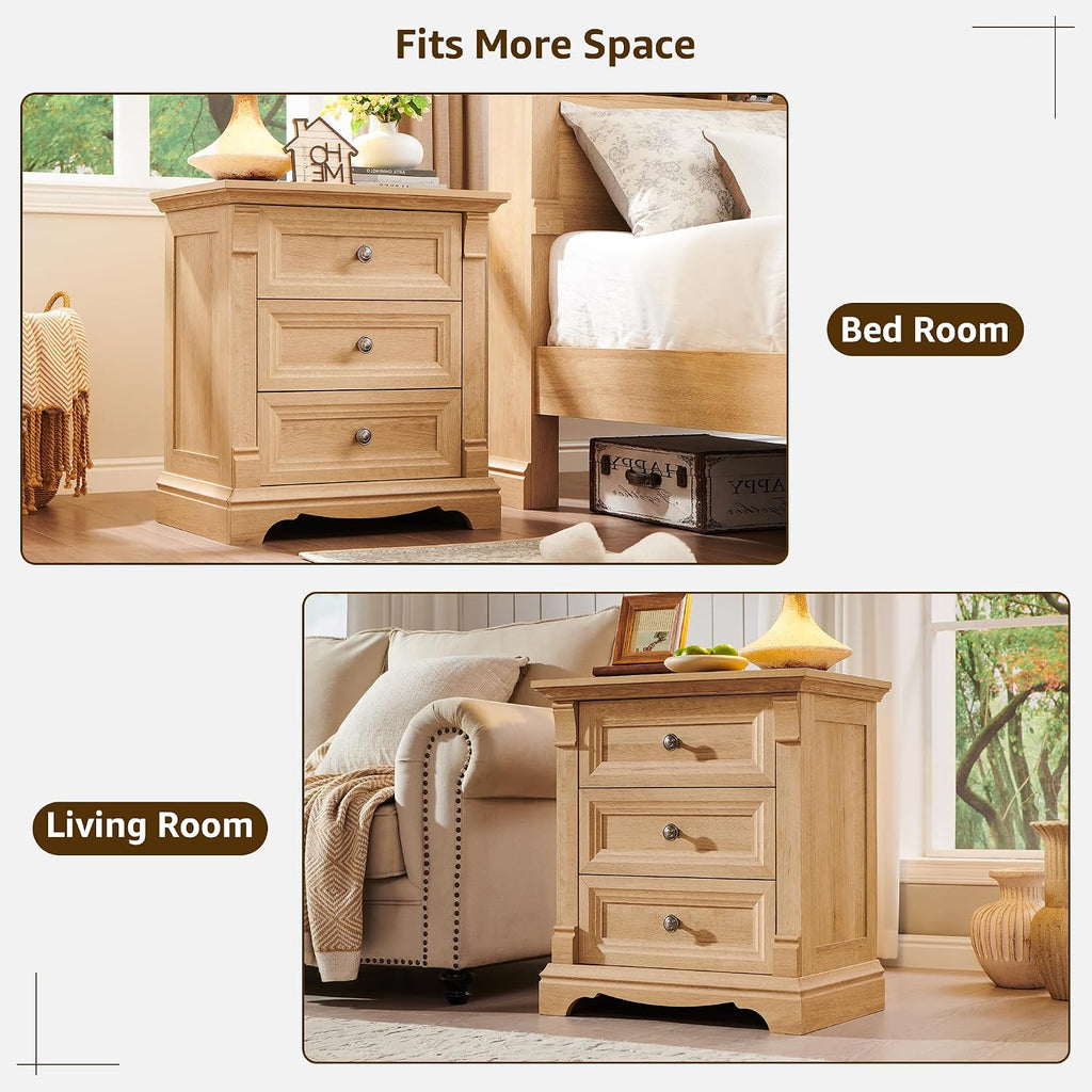 T4TREAM Farmhouse Nightstand Set of 2, 23.6' End Table with 3 Drawers Storage, Wood Side Table w/Roman Column, End Tables Living Room Set of 2, Bedside Cabinet for Bedroom, Oak