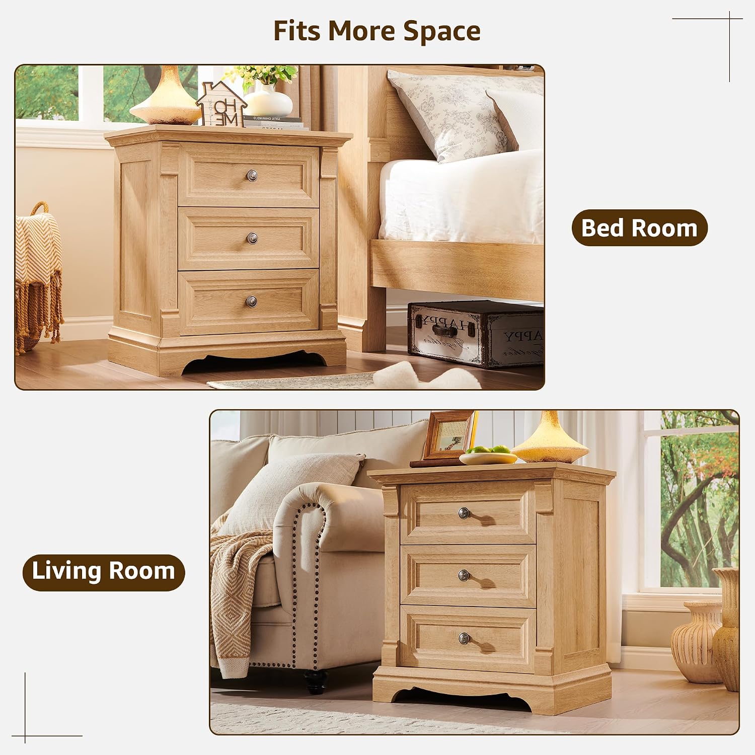 T4TREAM Farmhouse Nightstand Set of 2, 23.6' End Table with 3 Drawers Storage, Wood Side Table w/Roman Column, End Tables Living Room Set of 2, Bedside Cabinet for Bedroom, Oak