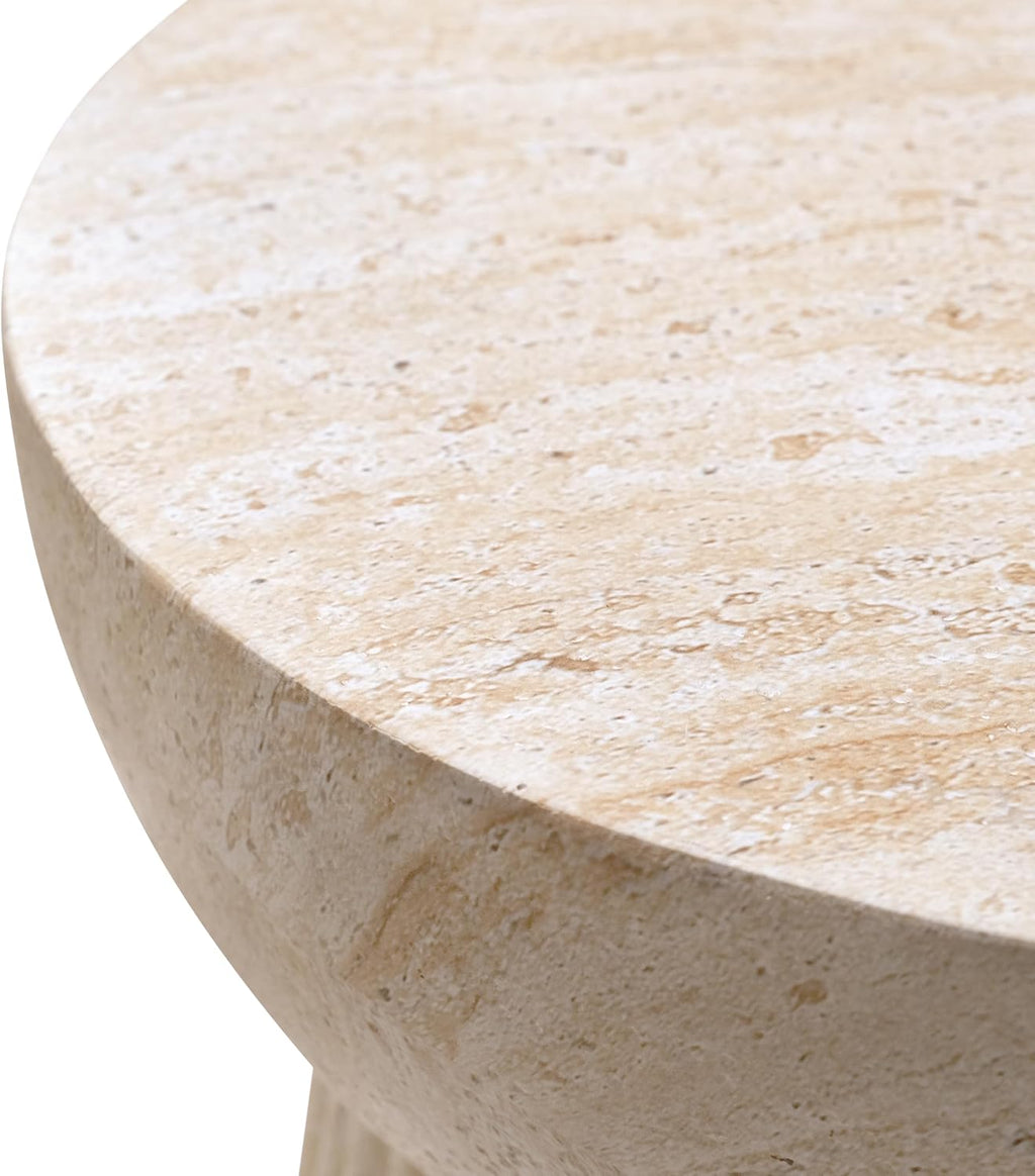 Empire Art Direct Fluted Travertine Stone Finish Italian Design MgO Side Accent Table, Living Room, Bedroom & Office, 14.6'x14.6'x17'