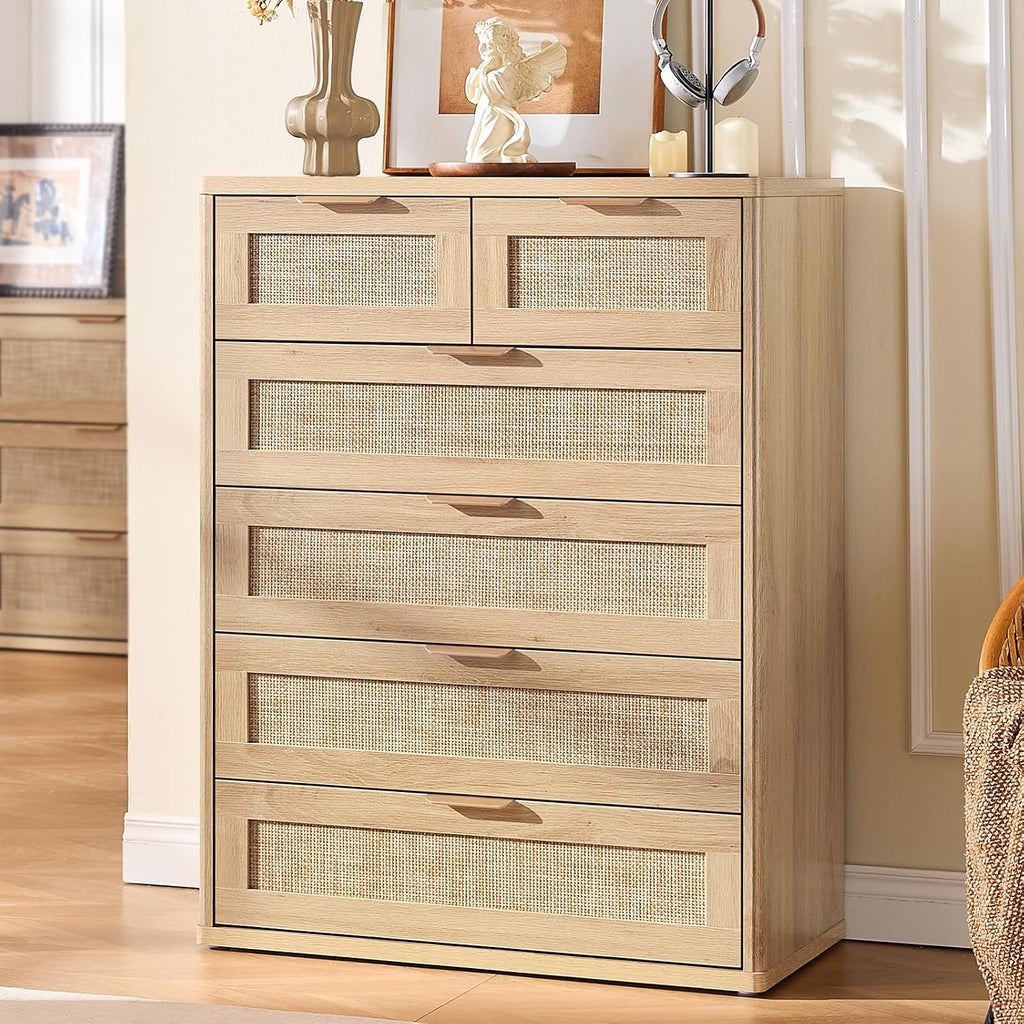 LEYAOYAO Rattan Dresser for Bedroom Set of 2, 41' Tall Chest of Drawers, Modern 6 Drawers Boho Dressers with Storage, Light Oak Dresser Wooden Closet Organizer for Living Room, Hallway, Natural Wood