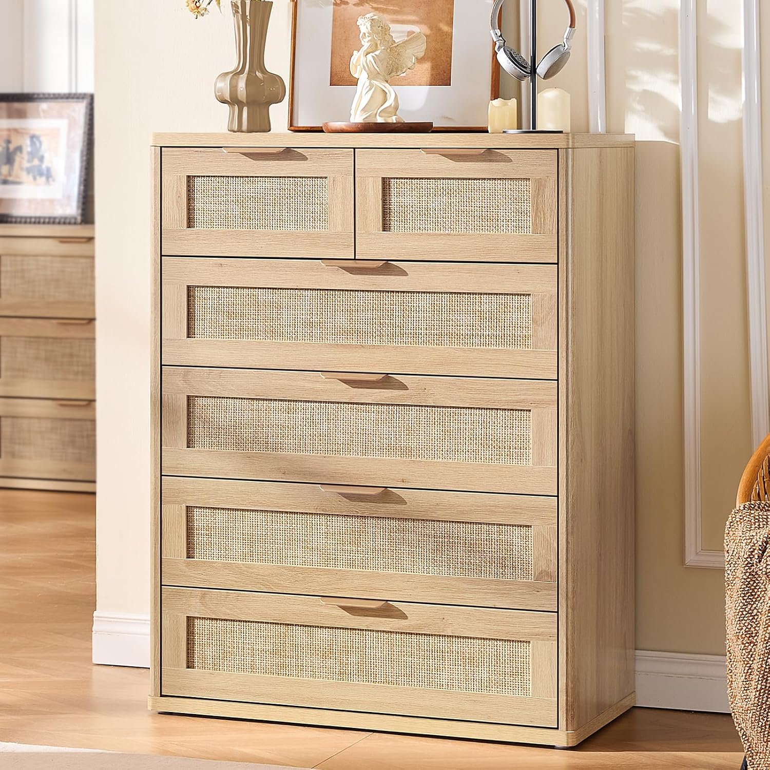 LEYAOYAO Rattan Dresser for Bedroom Set of 2, 41' Tall Chest of Drawers, Modern 6 Drawers Boho Dressers with Storage, Light Oak Dresser Wooden Closet Organizer for Living Room, Hallway, Natural Wood