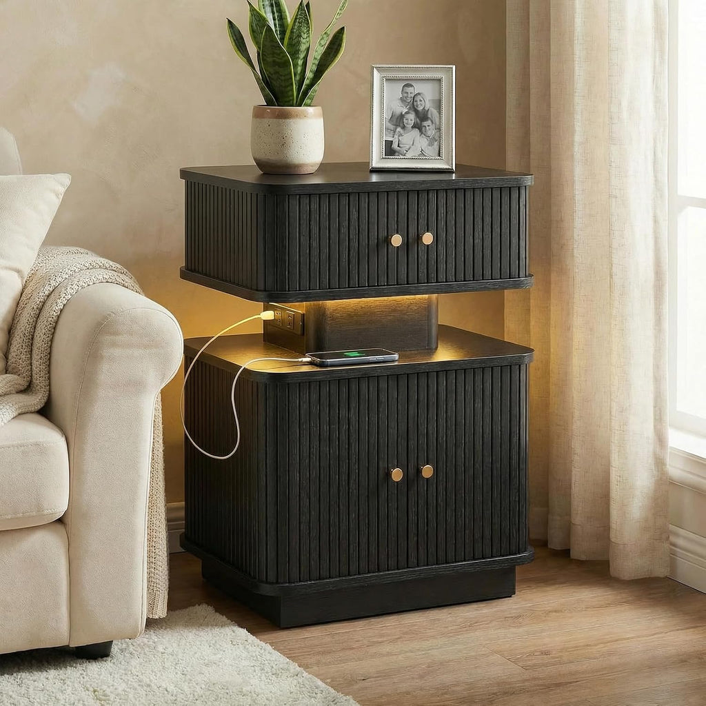 Set of 2 LED Light End Table with Charging Station, Black Mid Century Bedside Table with USB Type A C Ports, Small Fluted Accent TV Control Nightstand with Sliding Door for Living Room, Curvy Edge