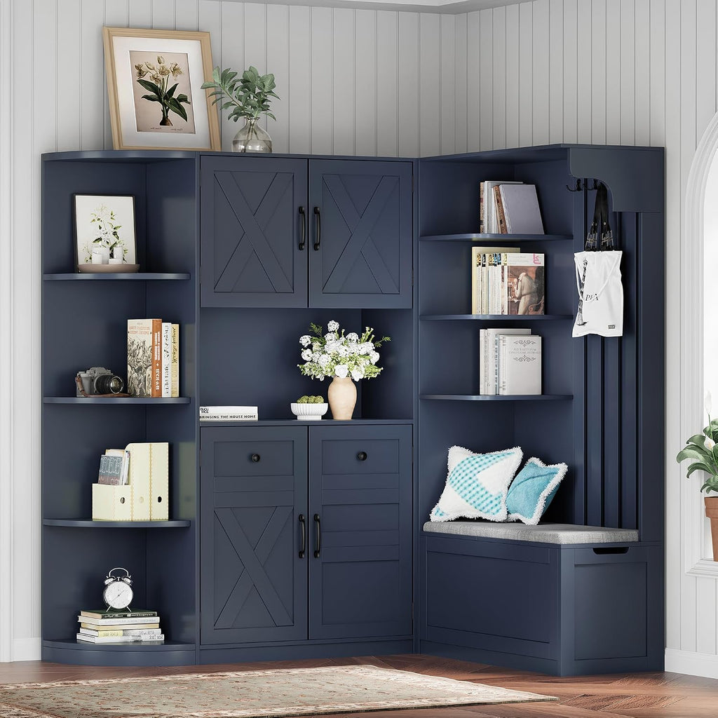 Multifunctional Hall Tree with Shoe Bench & Storage Cabinet,2-in-1 Left-Right L-Shaped Corner Entryway Cabinets with Coat Rack & Open Shelves,Modern Storage Organizer for,Living Room (Antique Blue)