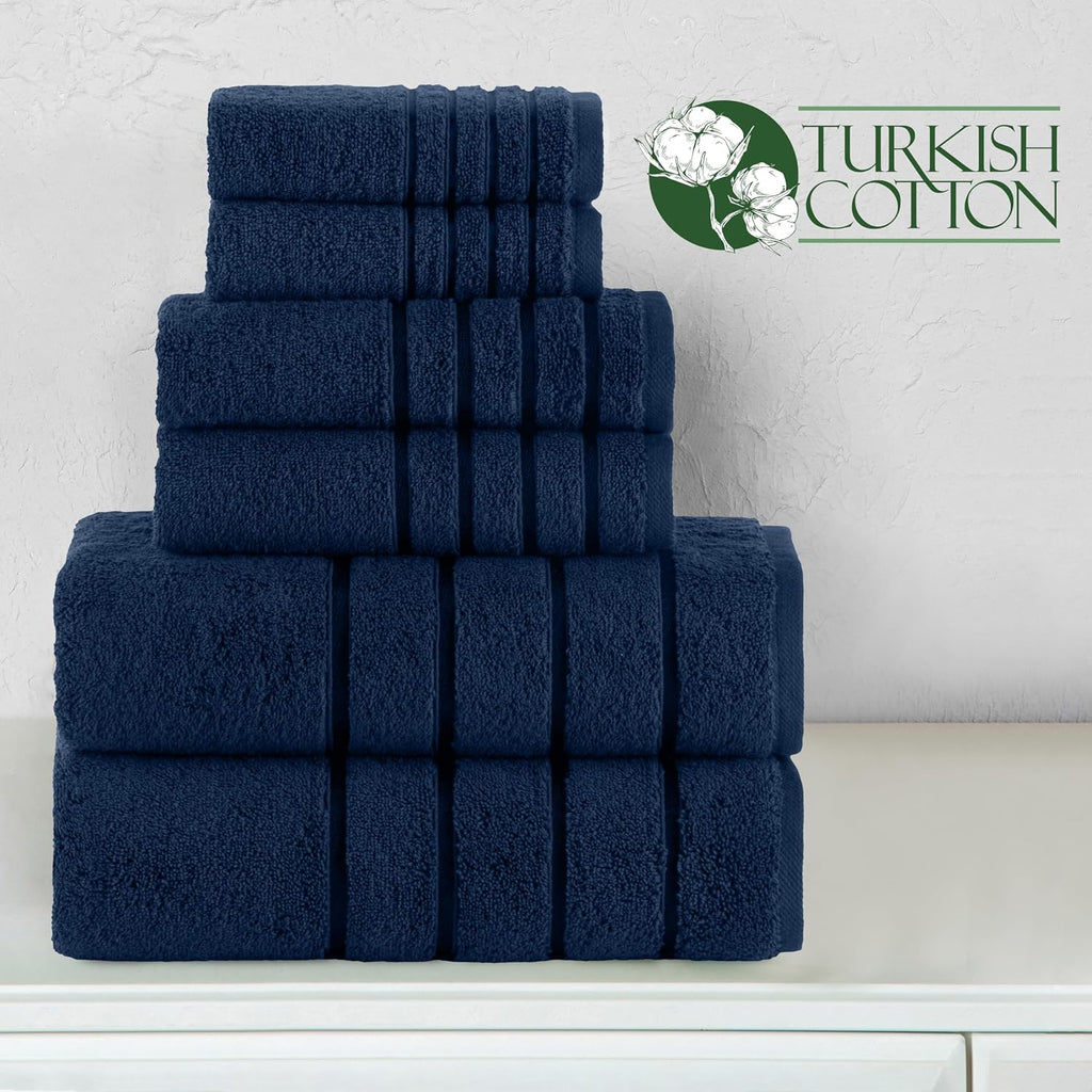 Elegant Comfort 4 Lines Viscose Stripe 6-Piece Towel Set 100% Turkish Cotton High Absorbent Luxury Bathroom Towels Includes 2 Washcloths, 2 Hand and 2 Bath Towels Set, Navy Blue (Pack of 4)