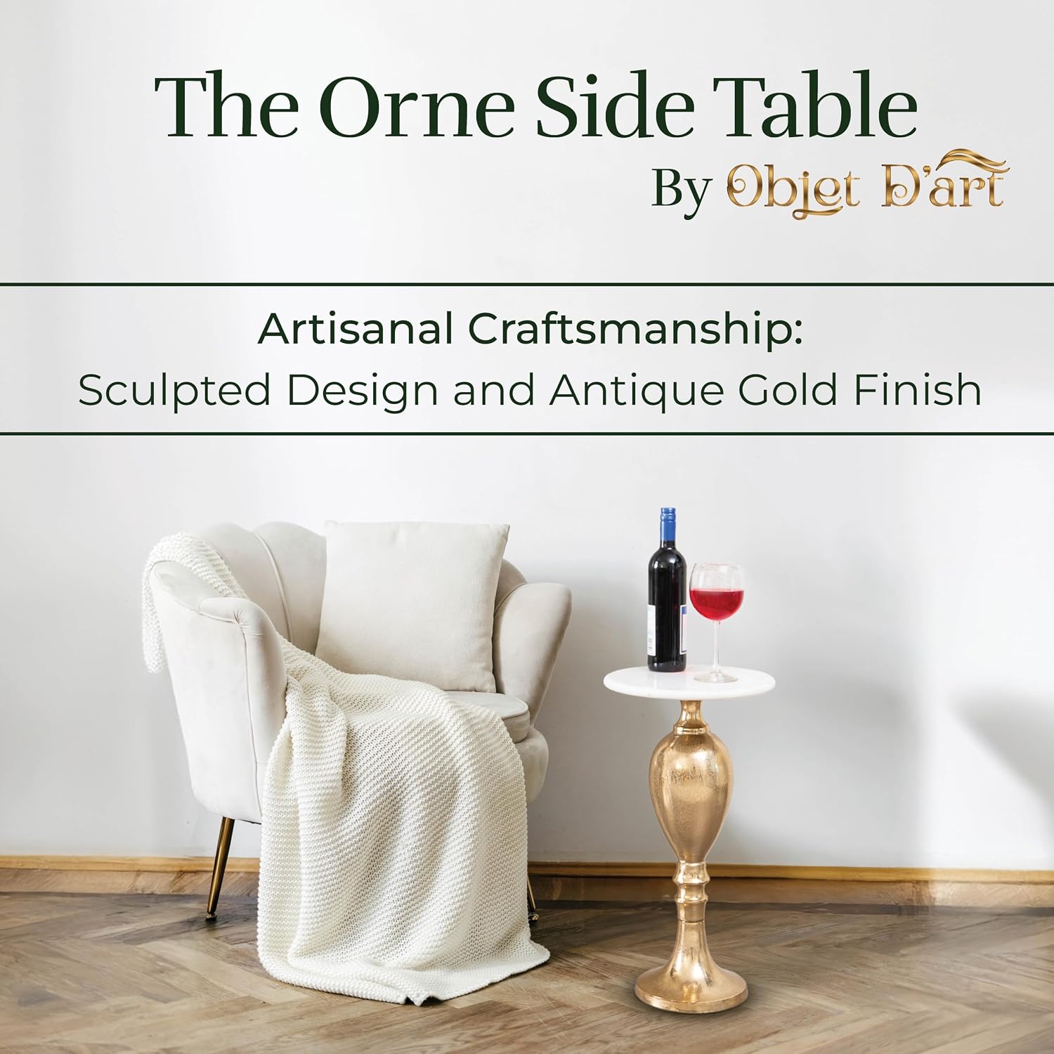 OBJET D'ART Small Round Gold End Tables, Orne, 22'' Height, Vintage Metal Accent, Side, Pedestal, Coctail and Drink Tables for Living Room and Small Spaces