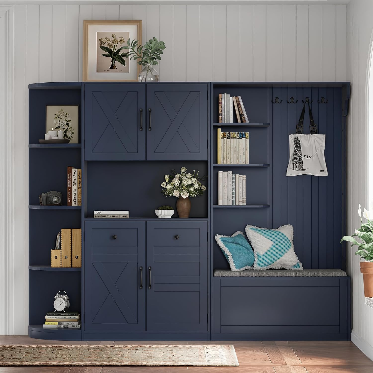 Multifunctional Hall Tree with Shoe Bench & Storage Cabinet,2-in-1 Left-Right L-Shaped Corner Entryway Cabinets with Coat Rack & Open Shelves,Modern Storage Organizer for,Living Room (Antique Blue)