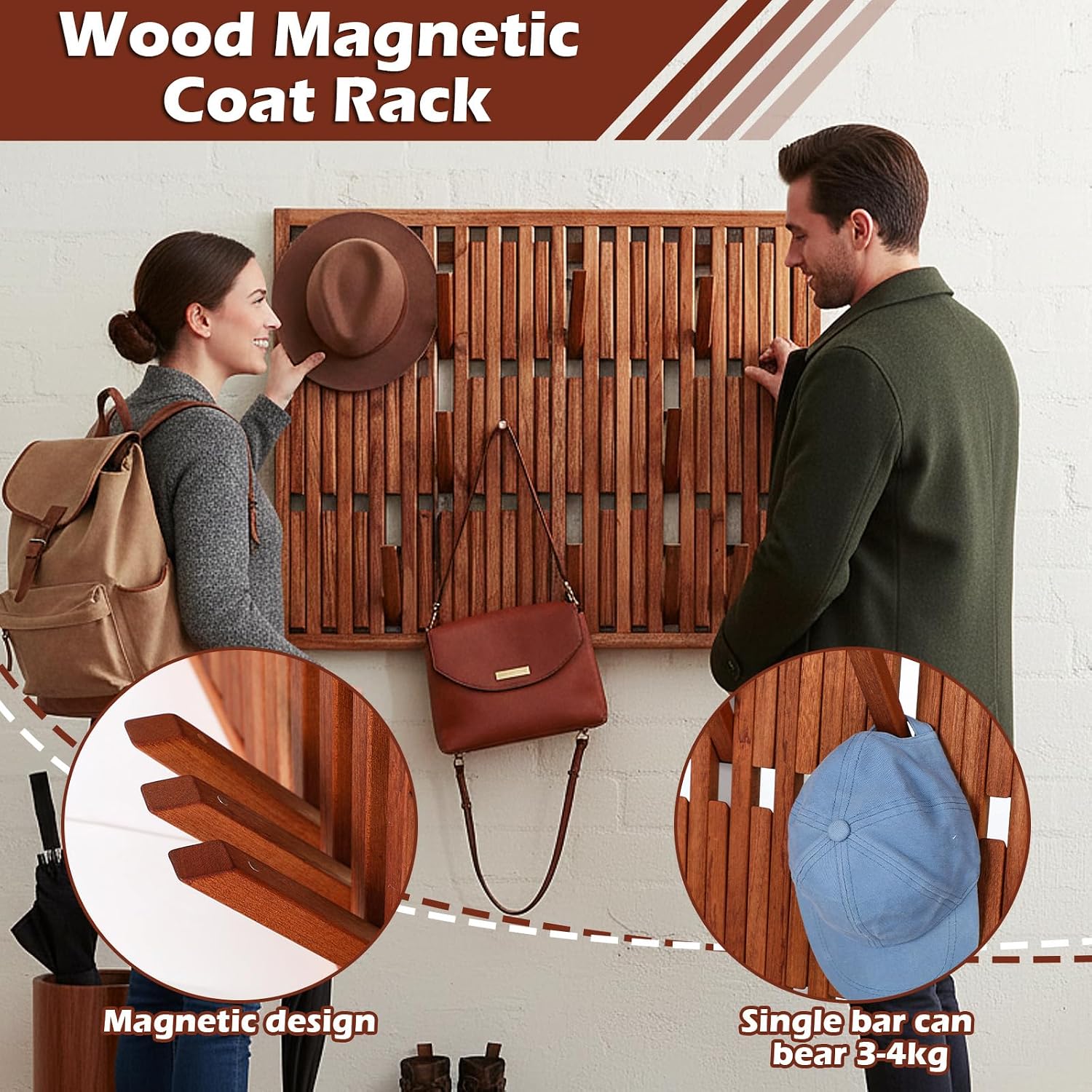 Weysat Piano Coat Rack with 51 Hooks Wall Mounted 24 x 30 Inches Large Natural Wood Magnetic Piano Key Coat Rack Flip Down Wall Hook Racks Entryway Hanger Organizer for Clothes Hat Bag Umbrella
