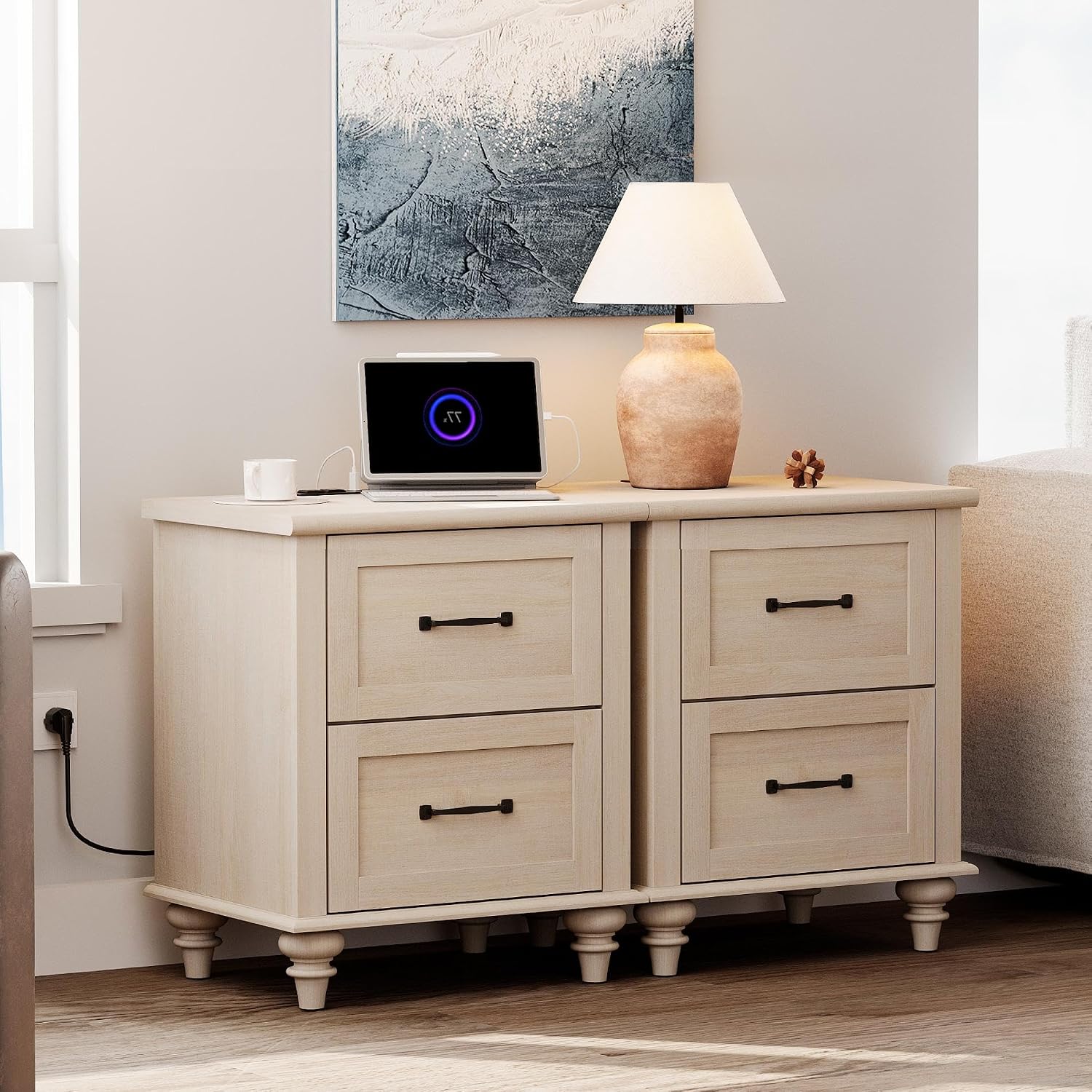 WAMPAT Night Stands for Bedrooms Set of 2 End Tables with Charging Station, 2 Drawer Nightstand Wooden Bedside Table, Farmhouse Side Table for Living Room & Study, Beige