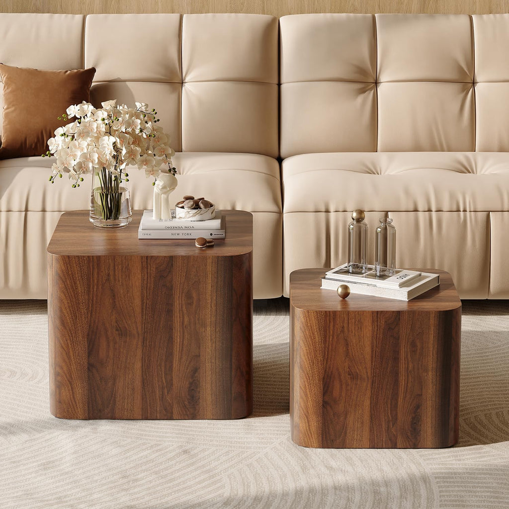 Nesting Coffee Table Set of 2, Modern Coffee Table and End Table Sets, Small Wooden Nesting Side Tables for Living Room Bedroom Apartment(Walnut)