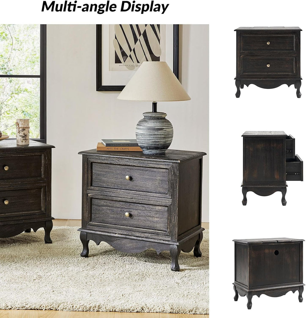 HULALA HOME Solid Wood End Tables Set of 2 with Charging Station Space, Vintage Endtables with Wood Legs and 2 Drawers, French Side Tables for Living Room, Charcoal