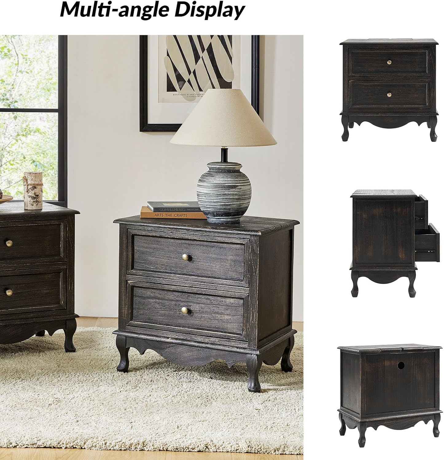 HULALA HOME Solid Wood End Tables Set of 2 with Charging Station Space, Vintage Endtables with Wood Legs and 2 Drawers, French Side Tables for Living Room, Charcoal