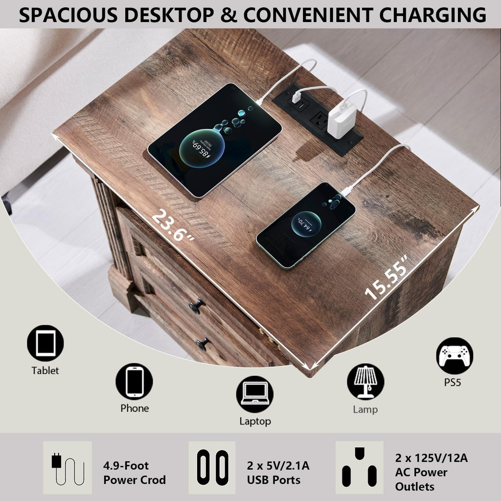 Aitjunz 26' Tall Nightstand with Charging Station, Farmhouse 23.6' Wide Large End Table w/Roman Column, Wood Rustic Side Table w/Metal Handle, 3 Drawers Dresser for Bedroom, Living Room, Light Brown