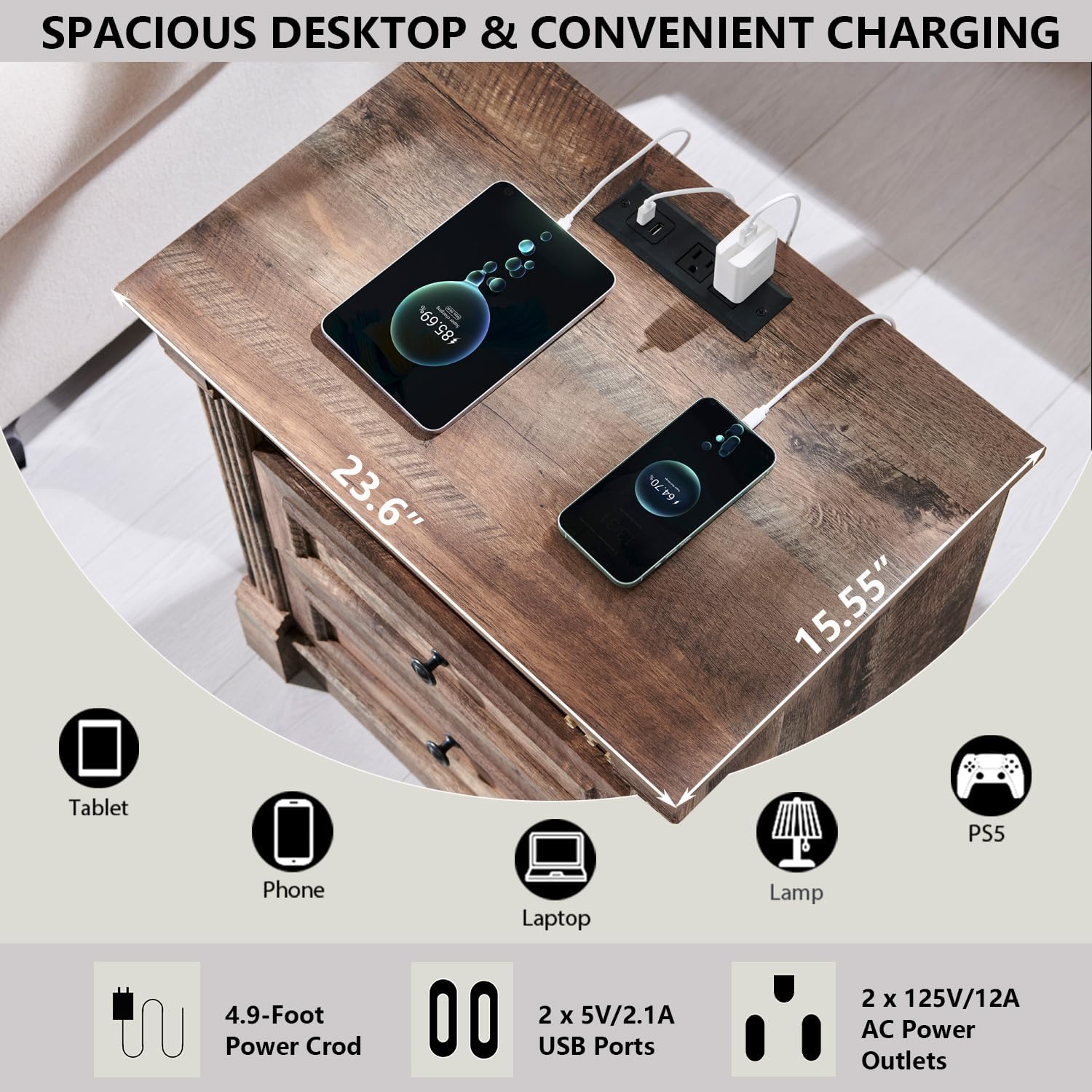 Aitjunz 26' Tall Nightstand with Charging Station, Farmhouse 23.6' Wide Large End Table w/Roman Column, Wood Rustic Side Table w/Metal Handle, 3 Drawers Dresser for Bedroom, Living Room, Light Brown