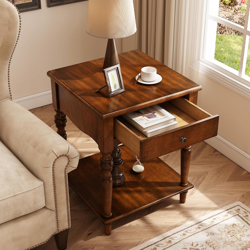 PADMA HOUSE Solid Wood Small End Table with Drawer, Vintage Square Sofa Side Table with Natural Wood Grain Tabletop, Apartment Beside Table with Storage Shelf for Living Room, 18.9 * 24in