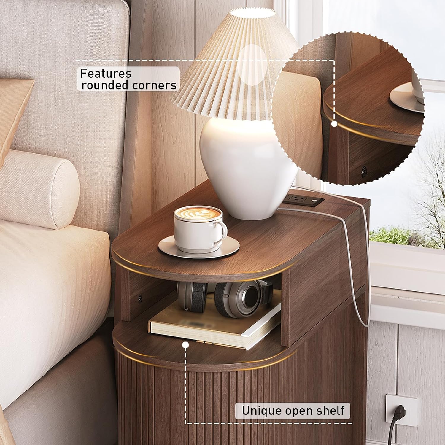 RALGEND Narrow End Table Set of 2,Fluted Sofa Side Table with Charging Station and Storage Shelf, Mid-Century Bedside Table, Modern Nightstand for Living Room,Bedroom,Walnut