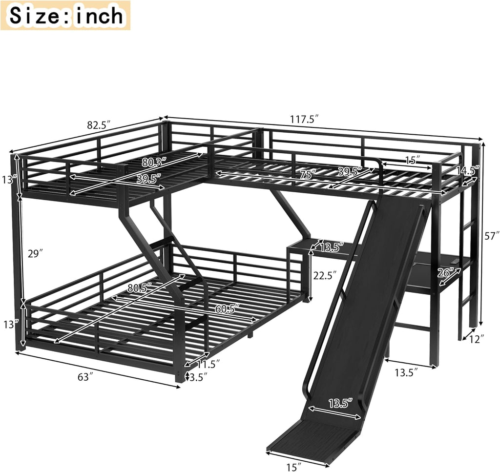 Bellemave Triple Bunk Beds, L-Shape Twin XL Over Queen Bunk Bed Attached a Loft Bed with Desk, Triple Bunk Bed with Slide and USB Ports, Metal Corner Bunkbed Frame for Three Boys Girls Teens, Black