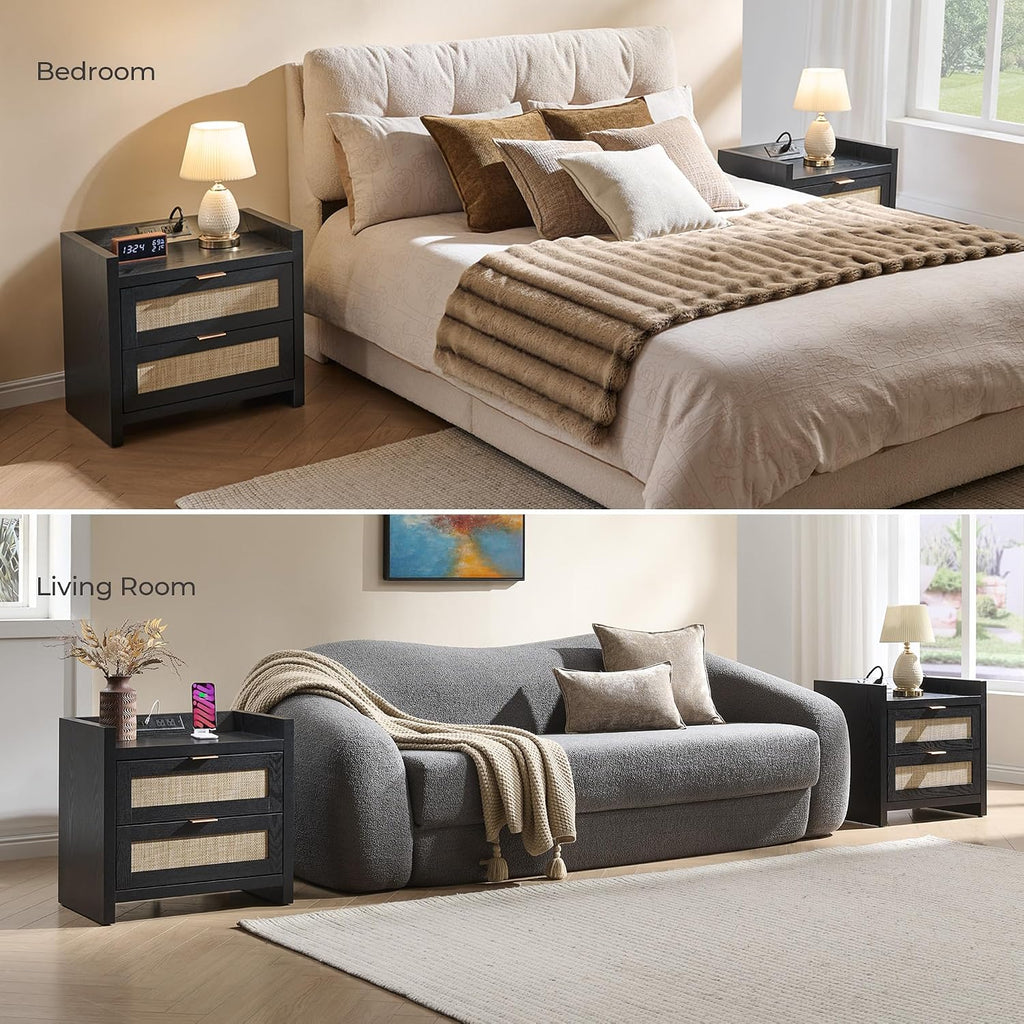 SICOTAS Black Nightstands Set of 2 Bed Side Table - Boho Night Stand End Table with Type-C Charging Station, 2 Rattan Decor Drawers Storage Cabinet Night Stands for Bedroom, Black Oak